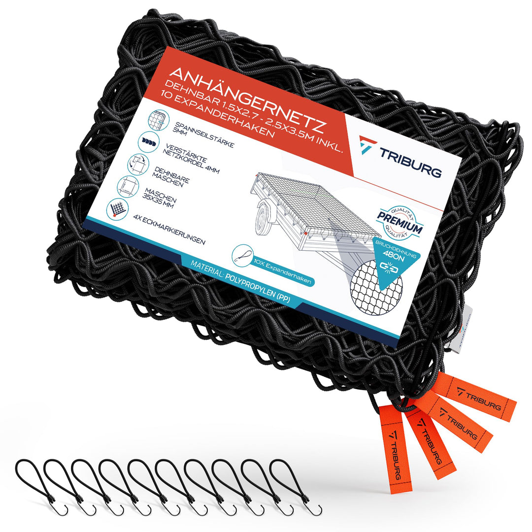 TRIBURG Anhängernetz Dehnbar 1,5x2,7m bis 2,5x3,5m inkl. 10 Expanderhaken | Elastisches Anhänger Net