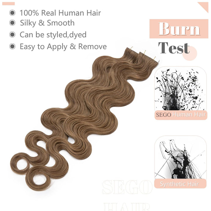 SEGO Tape Extensions Echthaar GEWELLT 16zoll/40cm 20 Stück Klebeband Haarverlängerung 100% Remy Haar
