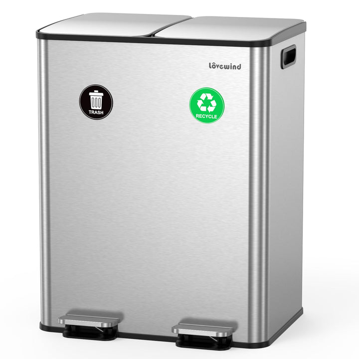 lovewind Mülleimer, 2 x 30L Mülleimer Küche, Doppeleimer für Recycling und Abfall, Silber, Mülleimer