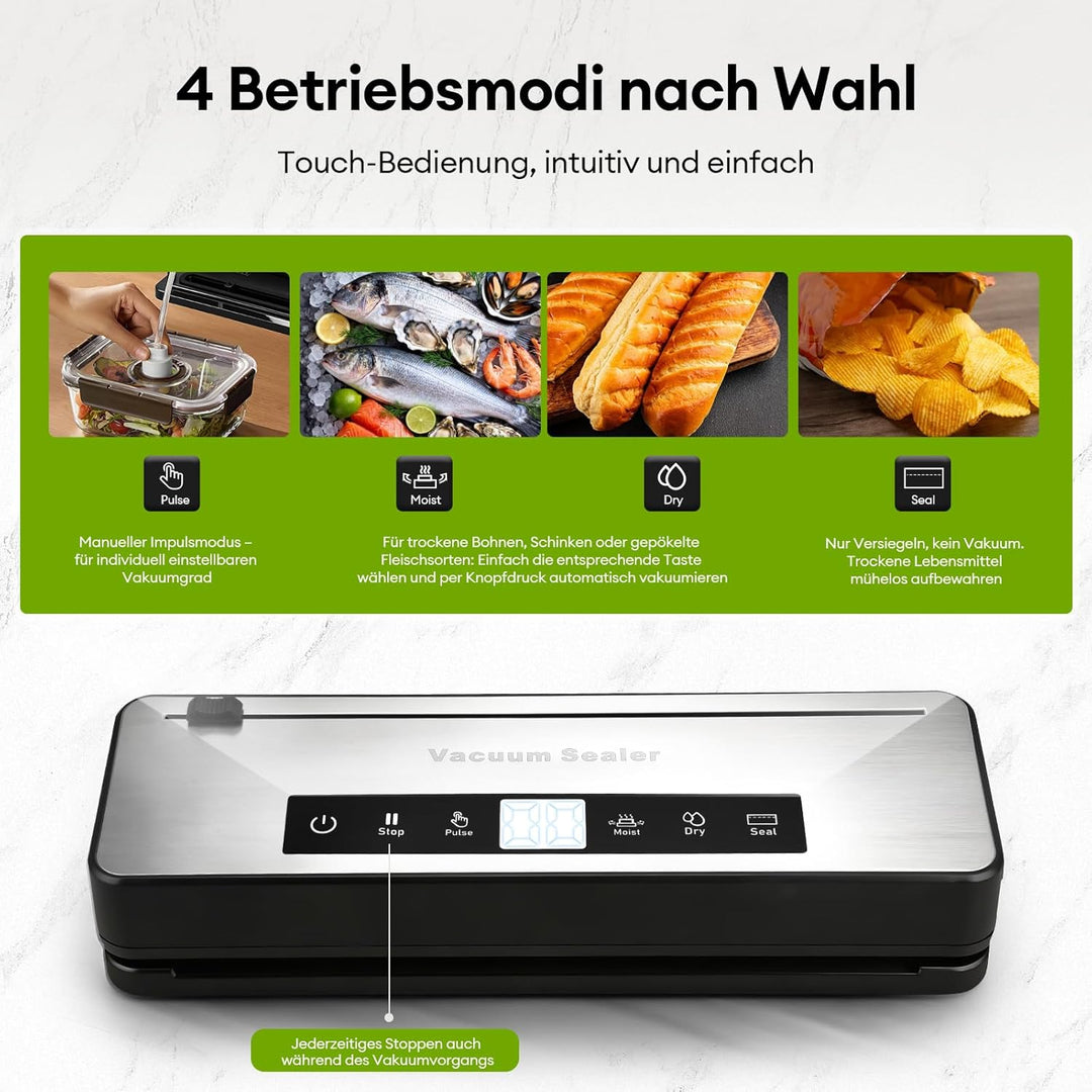 Vakuumierer mit Zuschneiden von Vakuumbeuteln, Vakuumiergerät mit Vakuumierbeuteln, Elektrischer Vak