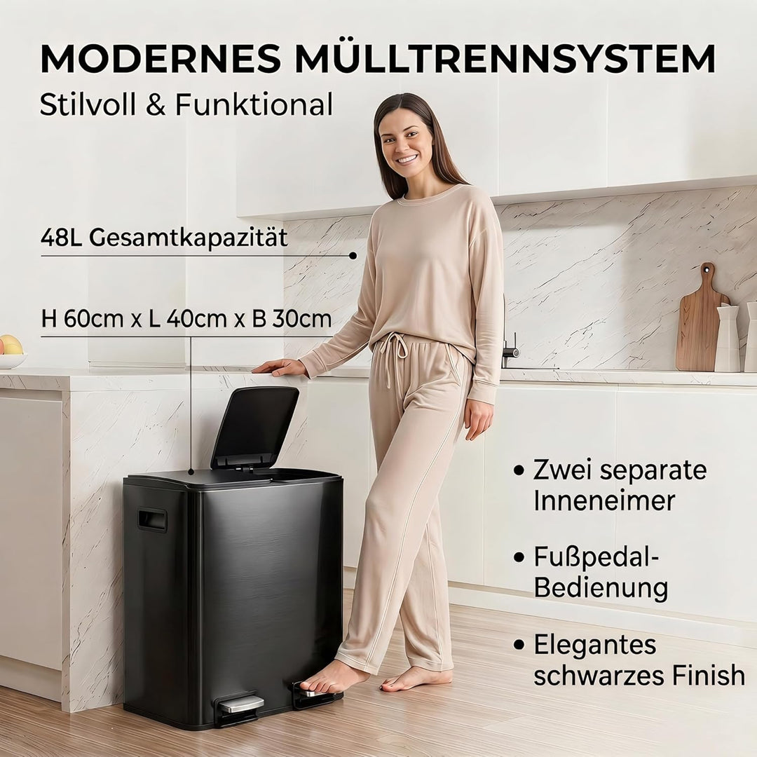 Mülleimer Küche 2 x 24L(48L), Edelstahl Treteimer mit Deckel, Mülltrennsystem 2 Fächer, Abfalleimer
