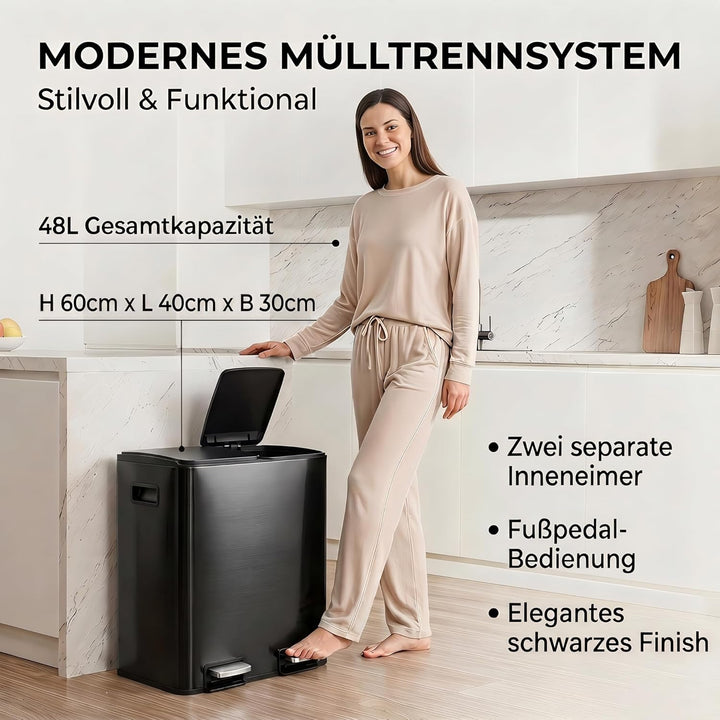 Mülleimer Küche 2 x 24L(48L), Edelstahl Treteimer mit Deckel, Mülltrennsystem 2 Fächer, Abfalleimer