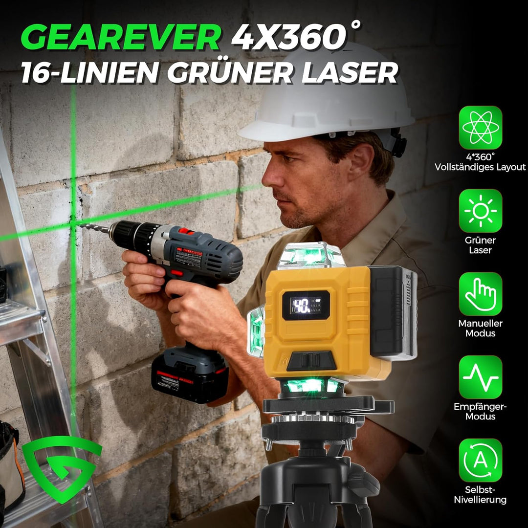 Kreuzlinienlaser Grün 16 Linien 4×360° – Selbstnivellierende Laser Wasserwaage, Horizontal & Vertika