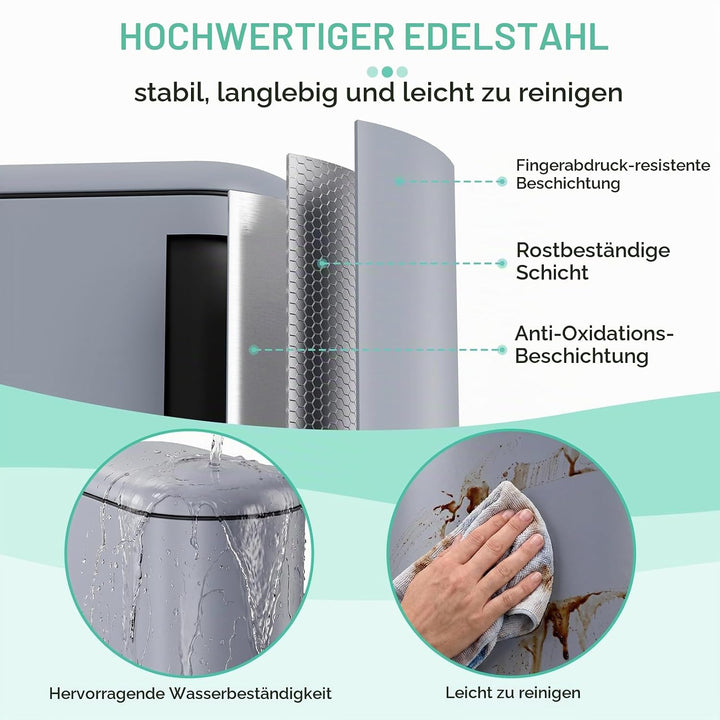 Clevich schmaler 20L rechteckiger Metall-Mülleimer, Softclose, Rauchgrau, Rauchgrau