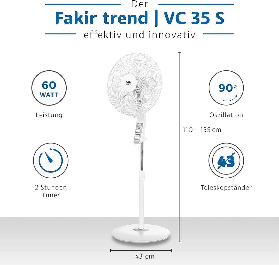Fakir trend VC 35 S – Höhenverstellbarer leiser Standventilator mit stabilem Sockel & 3 Leistungsstu