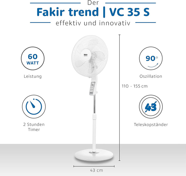 Fakir trend VC 35 S – Höhenverstellbarer leiser Standventilator mit stabilem Sockel & 3 Leistungsstu