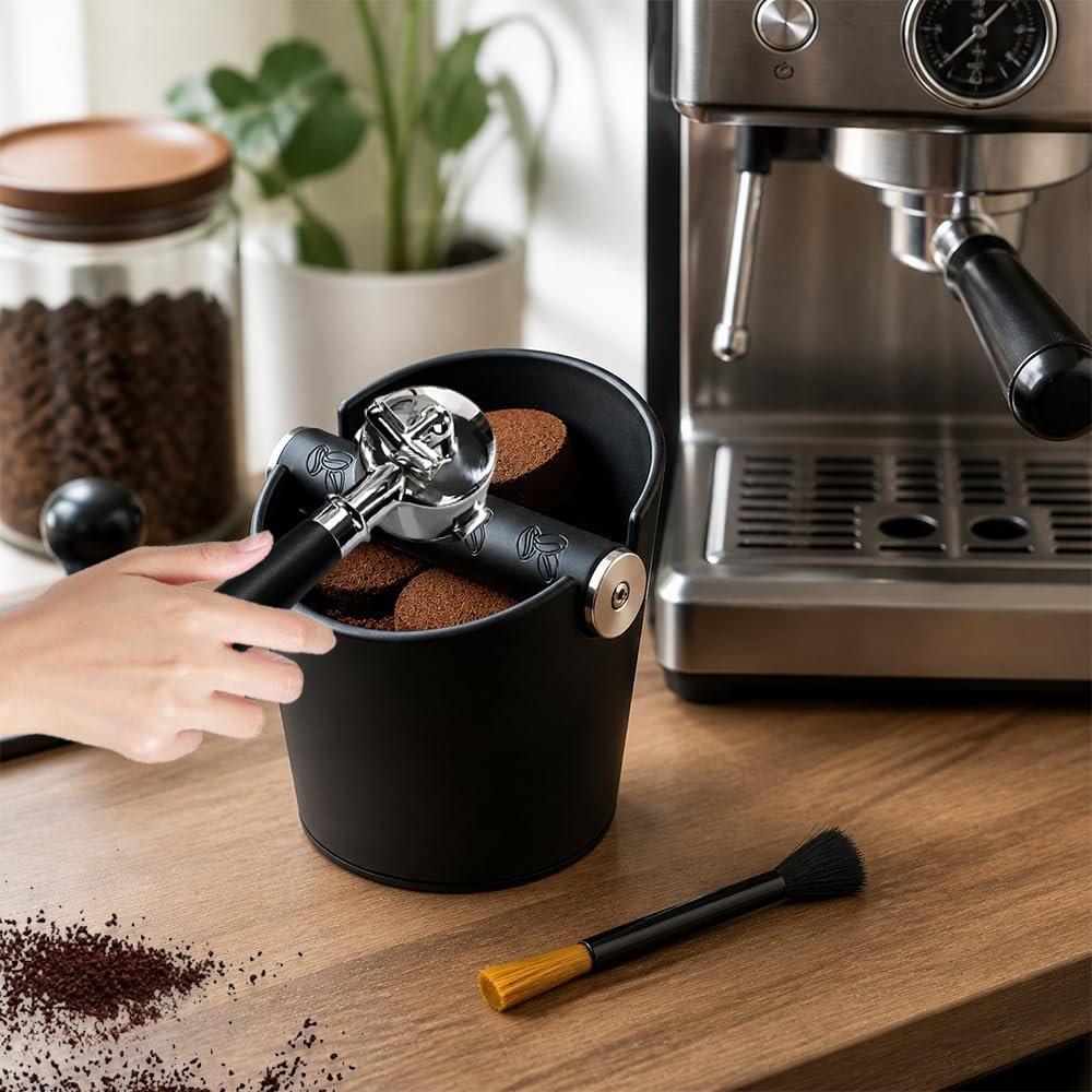 Abklopfbehälter für Siebträger, Espresso Kaffeesatz Abschlagbehälter mit Abnehmbarer Knock Bar und B