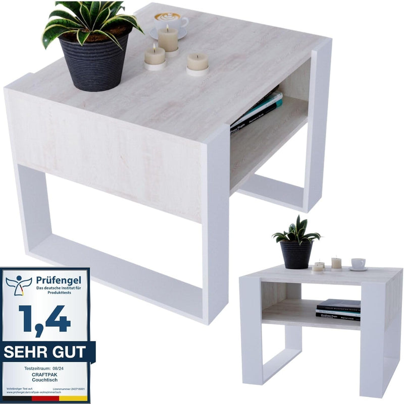 CraftPAK Wohnzimmer Tisch für Couch aus hochwertigem Holz, Stabiler & moderner Couchtisch mit zusätz
