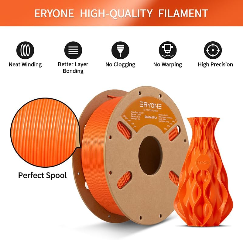 ERYONE PLA Filament 1.75 mm, 3D-Drucker Filament PLA, 0,03 mm, 1 kg/Spule, Orange C-Regular-Orange,