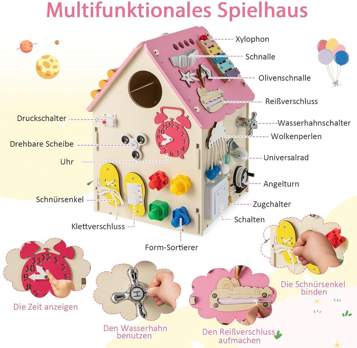 COSTWAY Kinder Spielhaus aus Holz, pädagogisches Spielzeughaus mit Sinnesspielen und Stauraum, senso