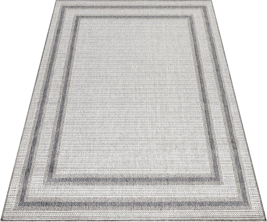 In- & Outdoor Teppich Robuster, Modern Bordüre Design, Rechteckig, Creme und Grau Farbe, Flachgewebe