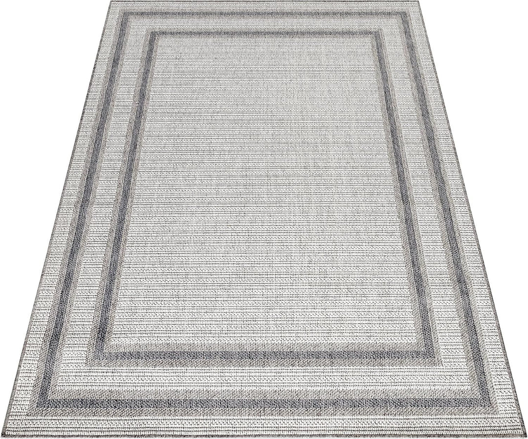 In- &amp; Outdoor Teppich Robuster, Modern Bordüre Design, Rechteckig, Creme und Grau Farbe, Flachgewebe