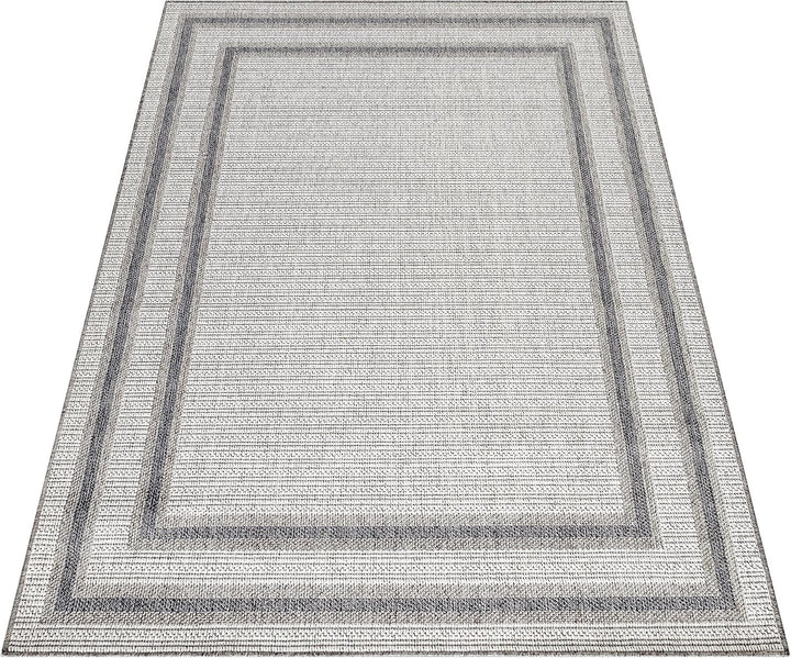 In- &amp; Outdoor Teppich Robuster, Modern Bordüre Design, Rechteckig, Creme und Grau Farbe, Flachgewebe
