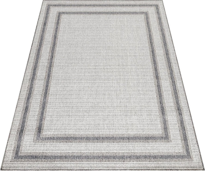 In- & Outdoor Teppich Robuster, Modern Bordüre Design, Rechteckig, Creme und Grau Farbe, Flachgewebe