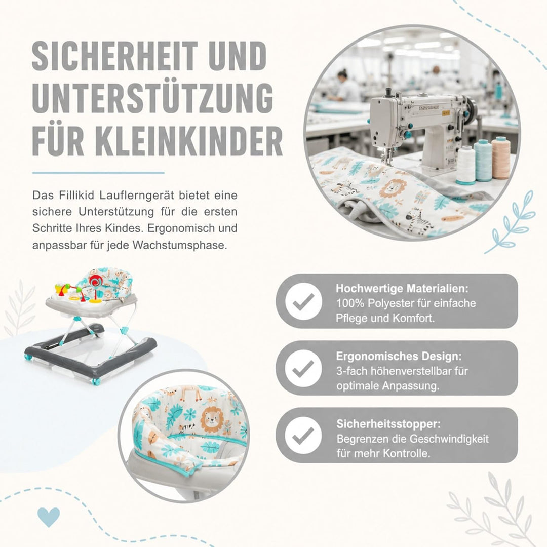 Fillikid Lauflerngerät höhenverstellbar 3-fach mit Sicherheitsstopper | 4 Rollen, ergonomischer Sitz