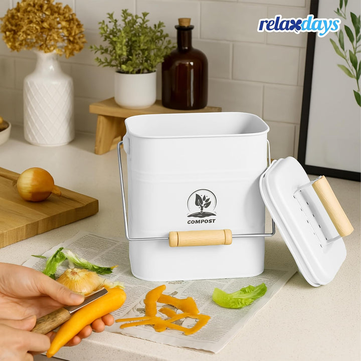 Relaxdays Komposteimer Küche, 3,5 Liter, 2 Aktivkohlefilter, mit Deckel, Henkel, Eisen & Holz, Biomü