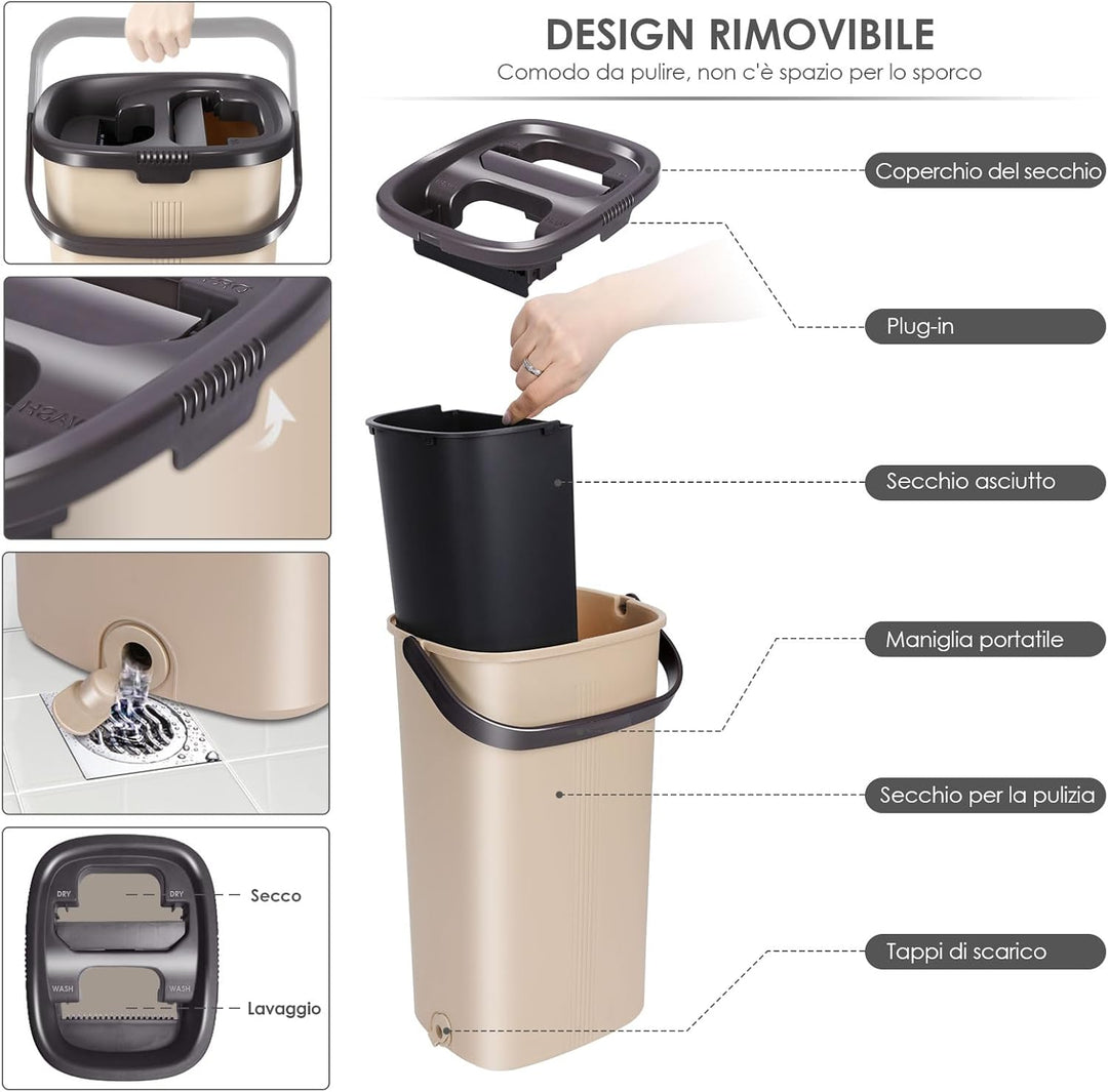 Myiosus Wischmopp Set mit Eimer, Putzeimer mit Wischmop, Bodenwischer mit Auswringfunktion, 6 Mikrof