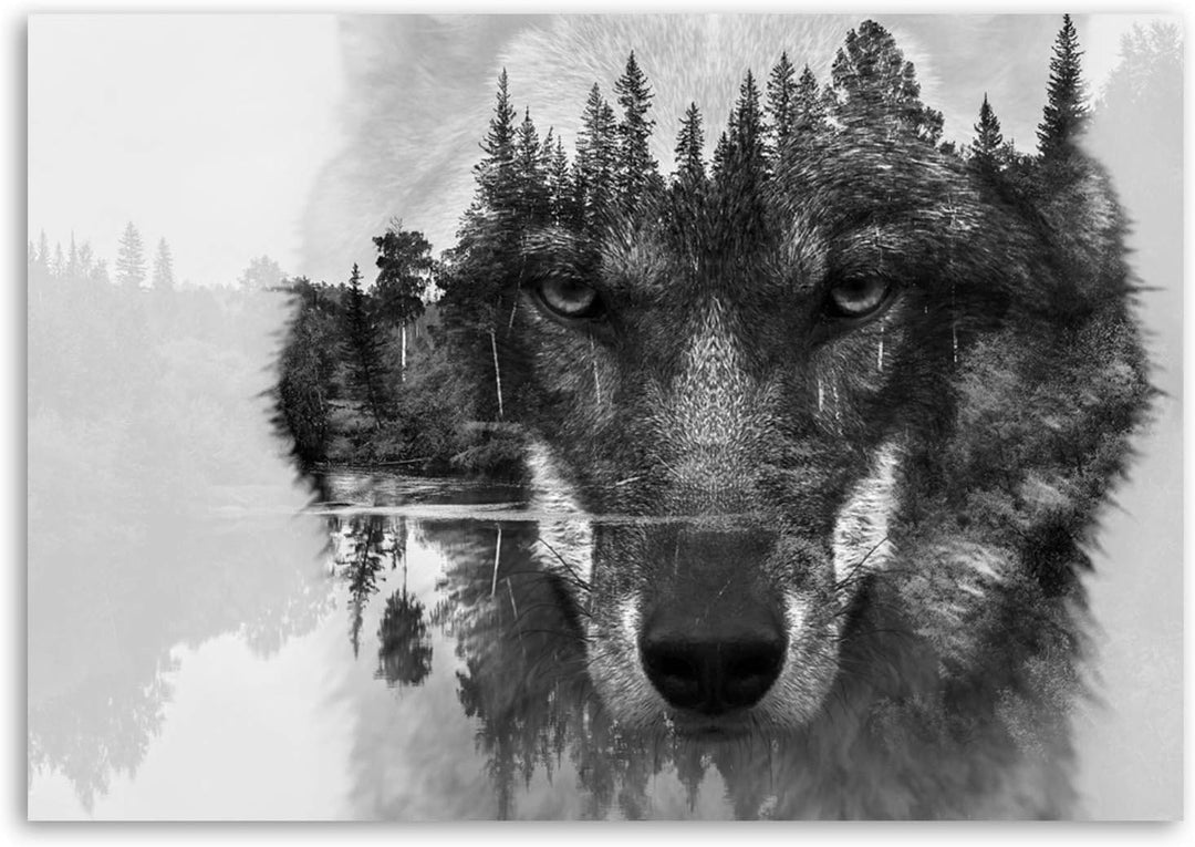 Feeby Bilder Wolf Wald Tiere XXL 120x80 cm 1Teilig Wandbilder Bild auf Leinwand Leinwandbilder Kunst
