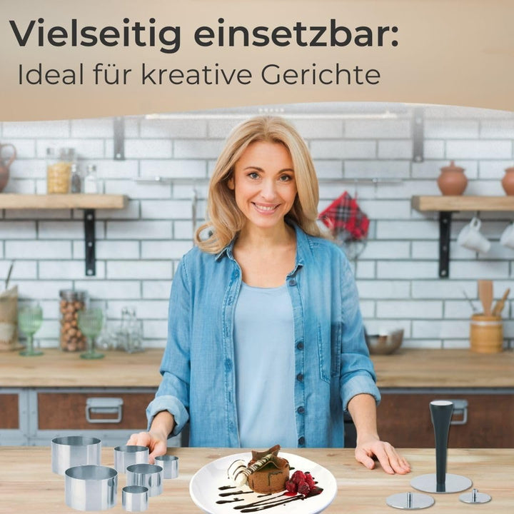 Premium Dessertringe Set Edelstahl 10-teilig, Profi Speisenringe Ø 4/6/8 cm, mit Presse & Griff, Anr