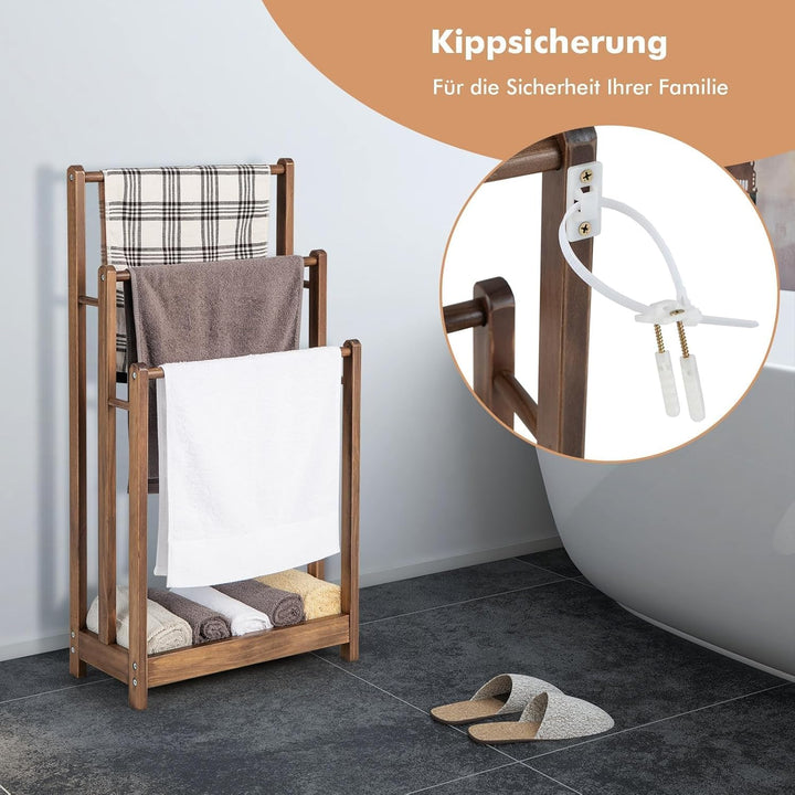 COSTWAY Handtuchständer freistehend, Handtuchhalter Holz mit 3 Handtuchstangen & unterer Ablage & Ki