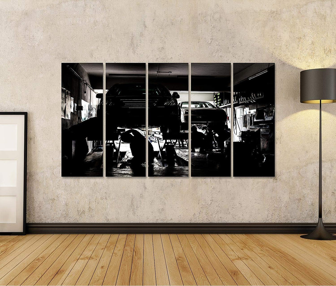 islandburner Bild auf Leinwand Silhouette Mechaniker Wartung Von Autos Werkstatt Bilder Wandbilder P
