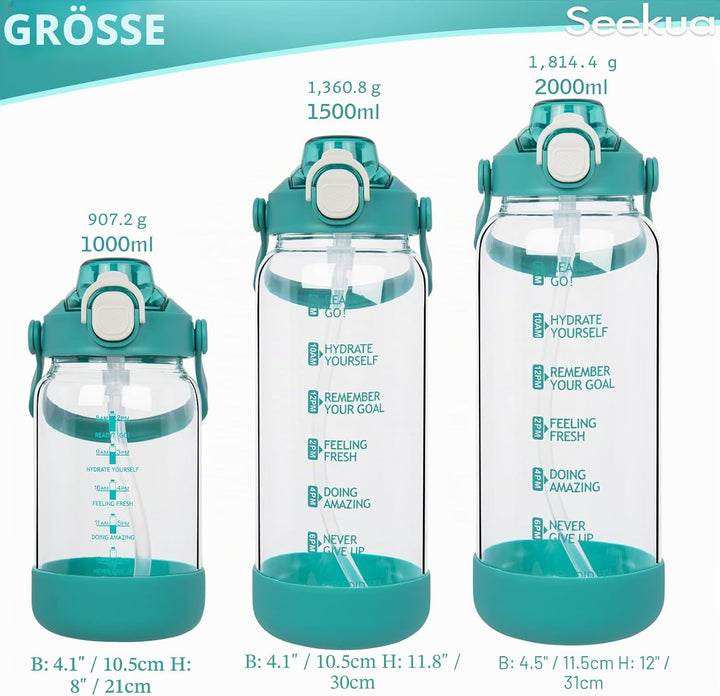 Seekua 1.5 liter Trinkflasche Glas Flasche mit Strohhalm & Zeitmarkierung, 1.5l Wasserflasche mit Fr