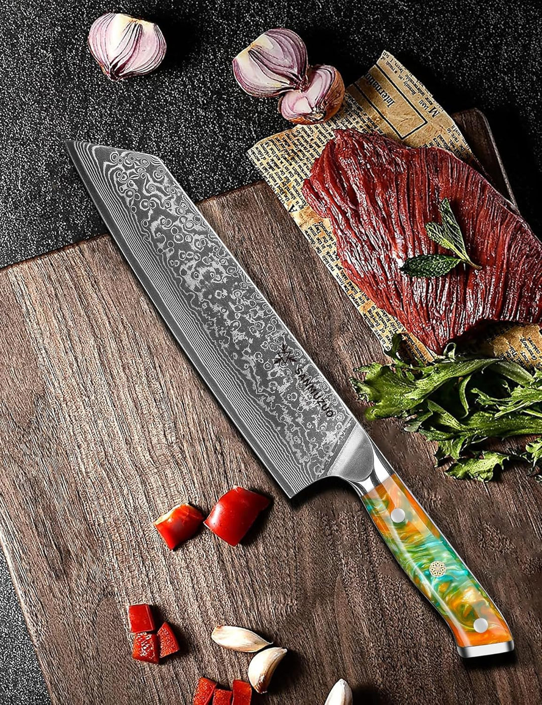 Kiritsuke Damastmesser, 22cm Kochmesser, Xuan Serie, VG10 Damaskus Stahl Küchenmesser, Harzgriff(Fan