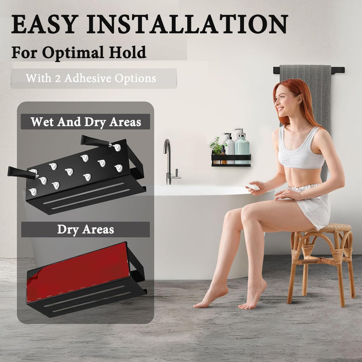 Duschregal Ohne Bohren, Edelstahl Duschablage Schwarz Mit 2 Haken Und Rasiererhalter, Shampoo Halter