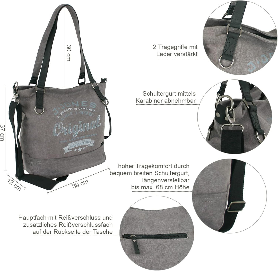 JENNIFER JONES - Grosse Damen Handtasche aus Canvas und Echtleder - Vintage Look - Casual Schulterta