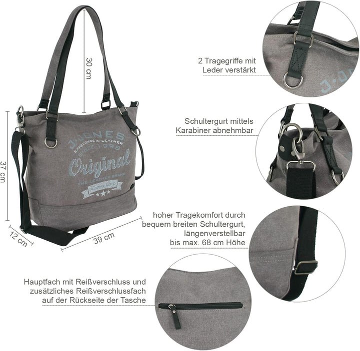 JENNIFER JONES - Grosse Damen Handtasche aus Canvas und Echtleder - Vintage Look - Casual Schulterta