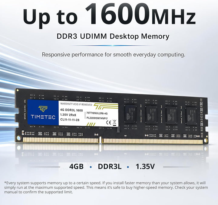Timetec 4GB DDR3L / DDR3 1600 MHz PC3L-12800 / PC3-12800 Nicht-ECC ungepuffert 1,35V / 1,V CL11 2Rx8