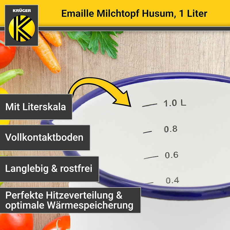 Krüger Emaille-Milchtopf Weiss 12cm, 1 Liter - Topf mit Vollkontaktboden für energiesparendes Kochen