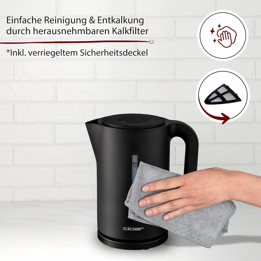Cloer 4110 Wasserkocher, 2200 W, grosse Wasserstandsanzeige, Kalkfilter, Trockengeh- und Überhitzung