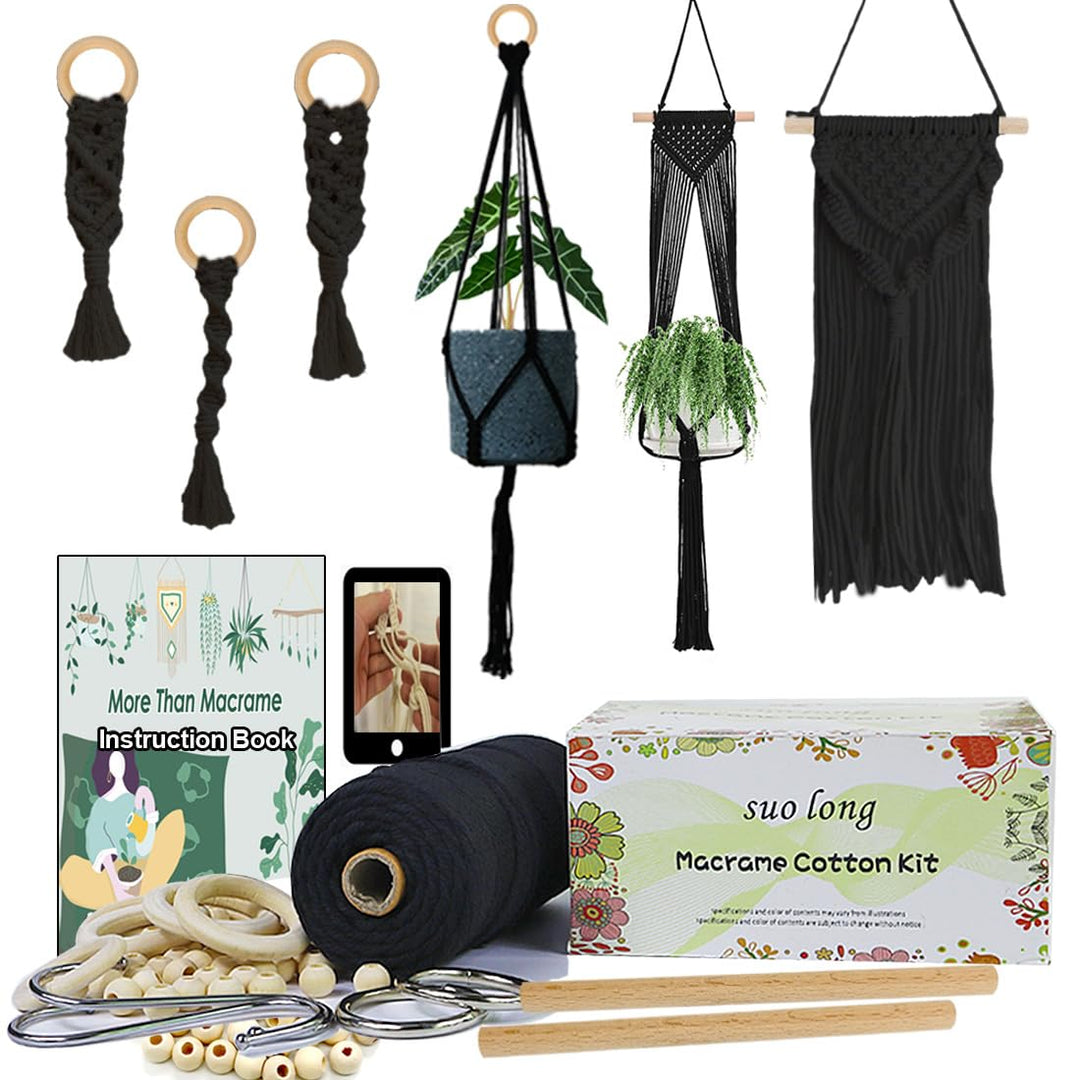 suo long Makramee Garn Set für Anfänger mit Anleitung 3mm Makramee Garn Schwarz Set mit holzringe un