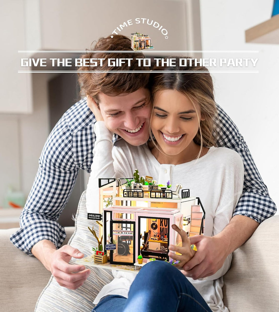 Spilay Miniatur Haus, Zeit-Studio DIY Miniature House mit LED-Licht, 3D Holz Puppenhaus Bastelset zu