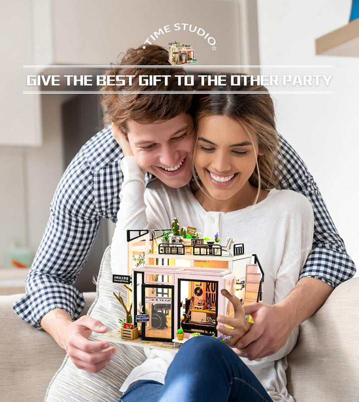 Spilay Miniatur Haus, Zeit-Studio DIY Miniature House mit LED-Licht, 3D Holz Puppenhaus Bastelset zu