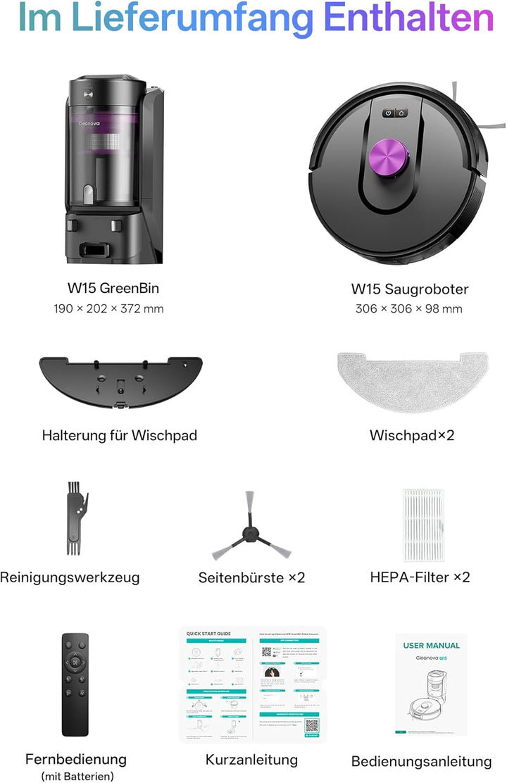 Vexilar W15 Saugroboter mit Wischfunktion und beutelloser Multi-Zyklon-Absaugstation, 10000Pa, LiDAR