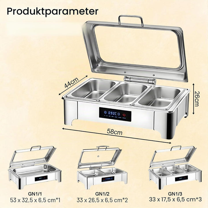 Chafing Dish Elektrisch, 9L Edelstahl Warmhaltebehälter Essen Buffet Elektrisch mit Sichtbarem Glasd