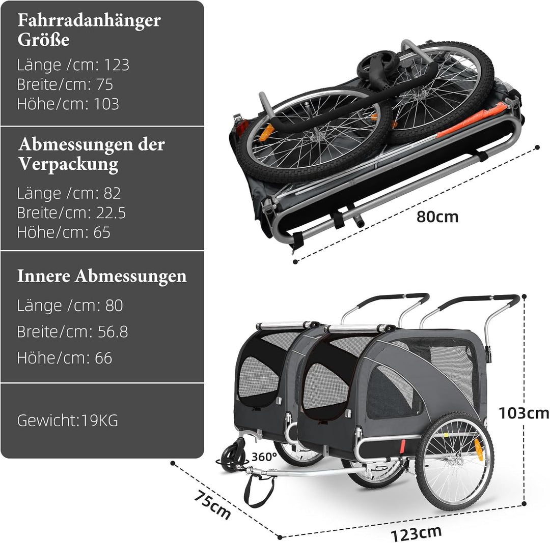 XL Hundeanhänger Fahrrad &amp; Jogger 2-in-1 mit Handbremse und Reflektoren, stabiles 600D Oxford-Gewebe