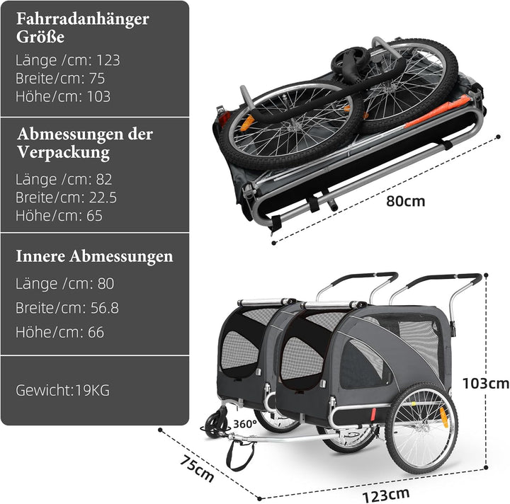 XL Hundeanhänger Fahrrad &amp; Jogger 2-in-1 mit Handbremse und Reflektoren, stabiles 600D Oxford-Gewebe