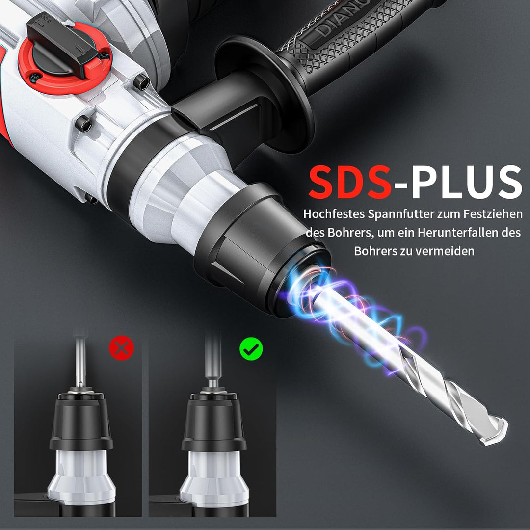 Bohrhammer SDS Plus 1500W, 4 in 1 Funktionen, Anti-Vibrationsgriff und Sicherheitskupplung, Mit Zube