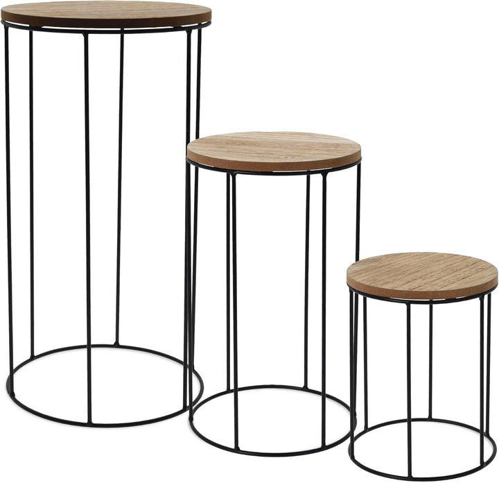 Holz Blumenhocker rund 3er Set - Ø 16 / 18 / 21 cm - Pflanzenständer mit Metall Gestell - Blumensäul
