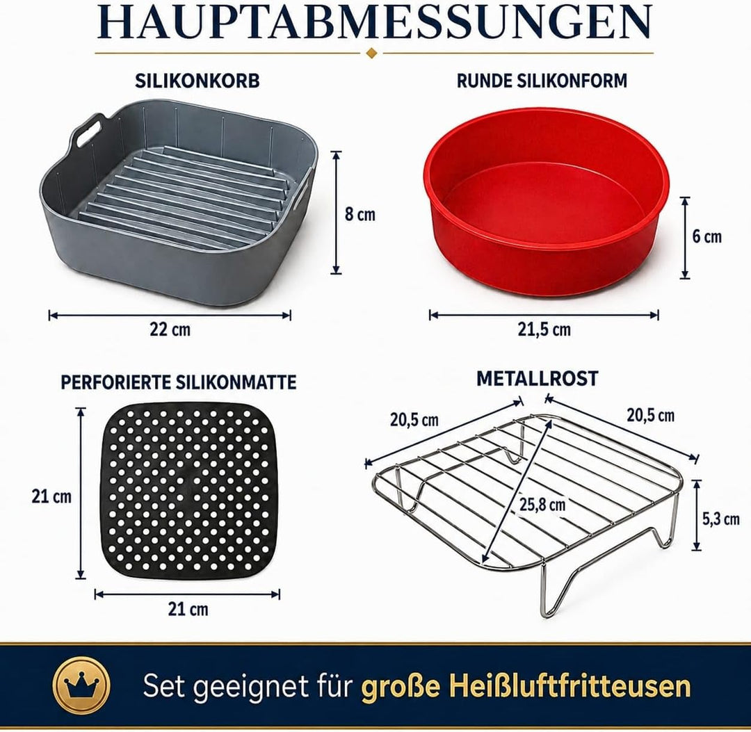 Airfryer zubehör: Silikonform 22 cm, Kuchenform 21,5 cm, Gitter für Heissluftfritteuse, und Silikonm