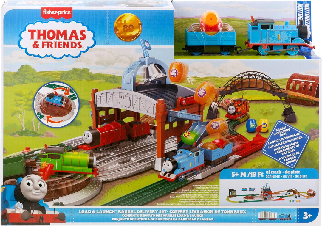 Mattel Fisher Price Thomas & Friends Toy Train Playset, Load & Launch Barrel Delivery with Classic M