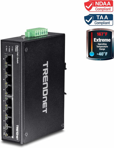 TRENDnet TI-PG80 8-Port gehärteter industrieller, nicht verwalteter Gigabit-PoE + DIN-Schienen-Switc