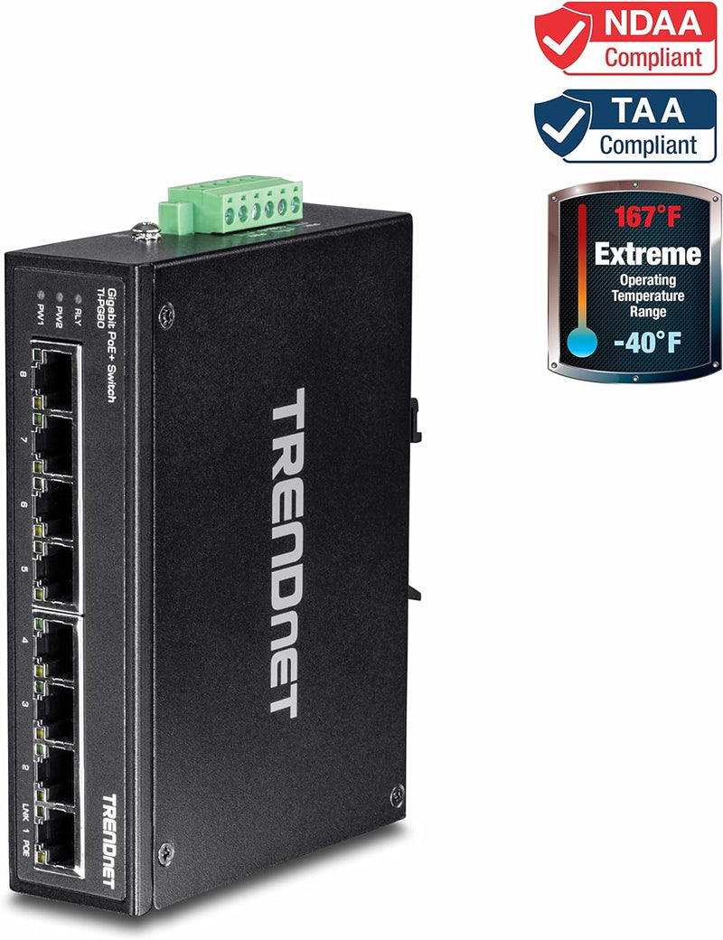 TRENDnet TI-PG80 8-Port gehärteter industrieller, nicht verwalteter Gigabit-PoE + DIN-Schienen-Switc