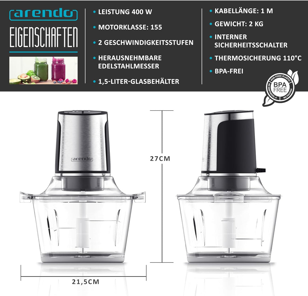 Arendo Power Zerkleinerer 400 Watt mit 1,5 L Glasbehälter, Elektrischer Multizerkleinerer, Leistungs