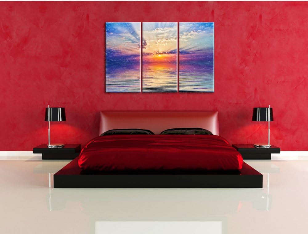 Pixxprint Einzigartiger Sonnenaufgang im Meer Bunstift Effekt 3-Teiler Leinwandbild 120x80 Bild auf