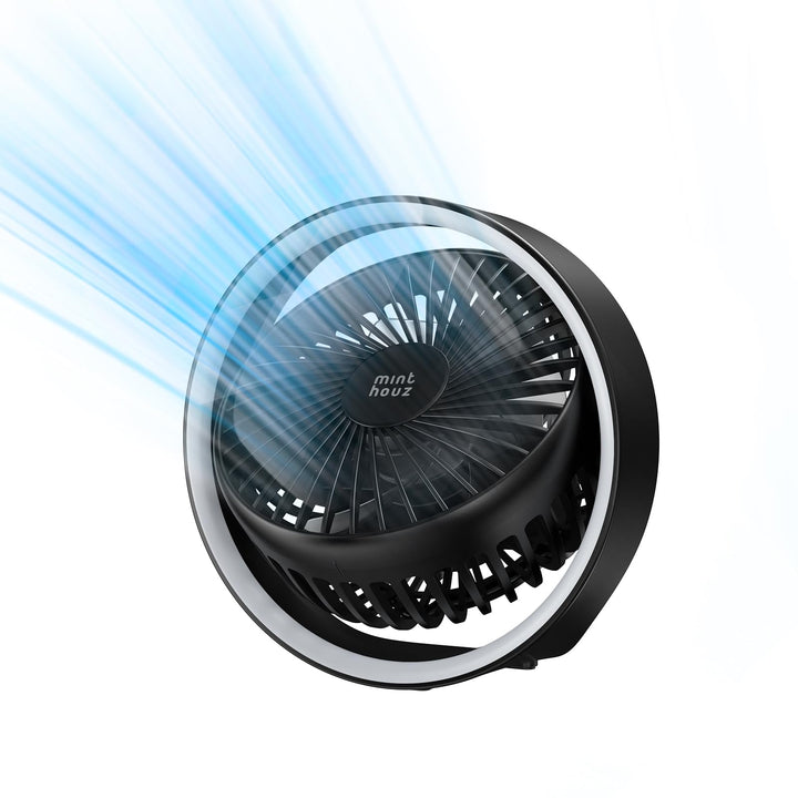 Minthouz Tischventilator Leise, USB Wiederaufladbarer Kleiner Ventilator mit Haken, 180° Drehbarer M