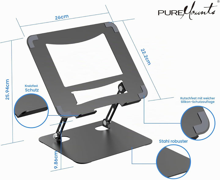 PureMounts Laptop Ständer Höhenverstellbarer, Faltbarer &amp; Ergonomischer Notebookhalter für Home Offi